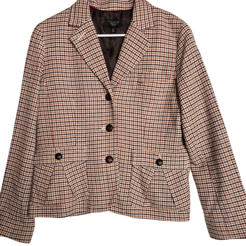 Talbots Petites Houndstooth Wool Blend Blazer Jacket Tan Red Black 14P